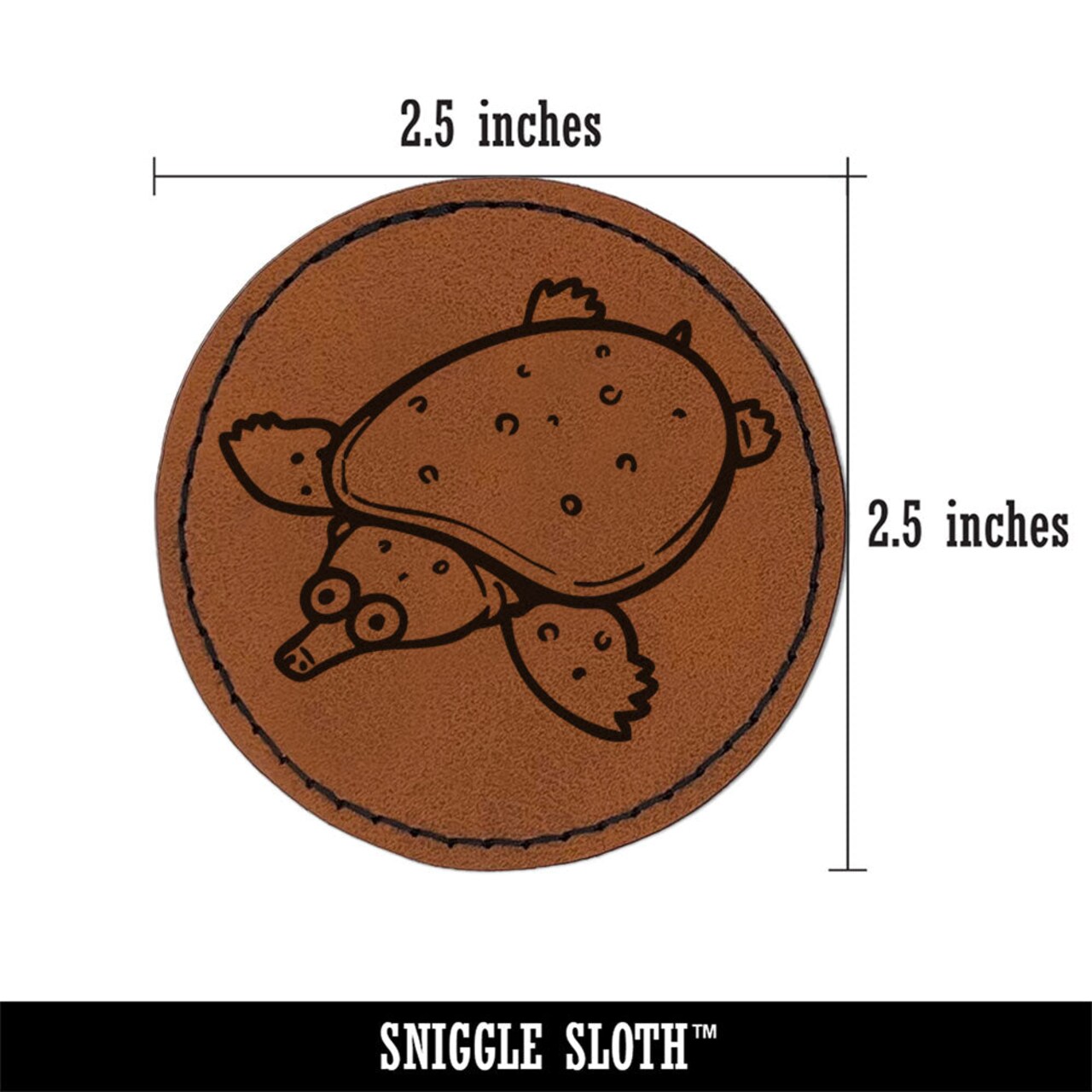 Cute Cartoon Soft-Shelled Turtle Softshell Round Iron-On Engraved Faux Leather Patch Applique - 2.5 Inch